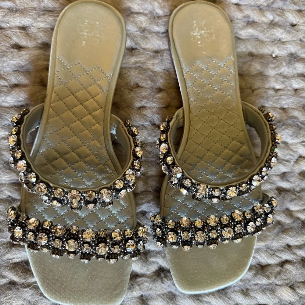 Tory Burch Crystal-Embellished Silver Quilted Slide Sandals - Women size 7